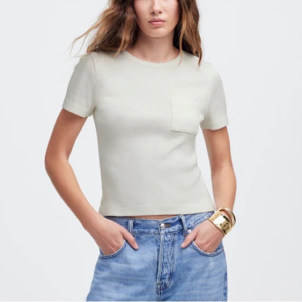 NWT Madewell Ivory Garment-Dyed Ribbed Crewneck Pocket Tee